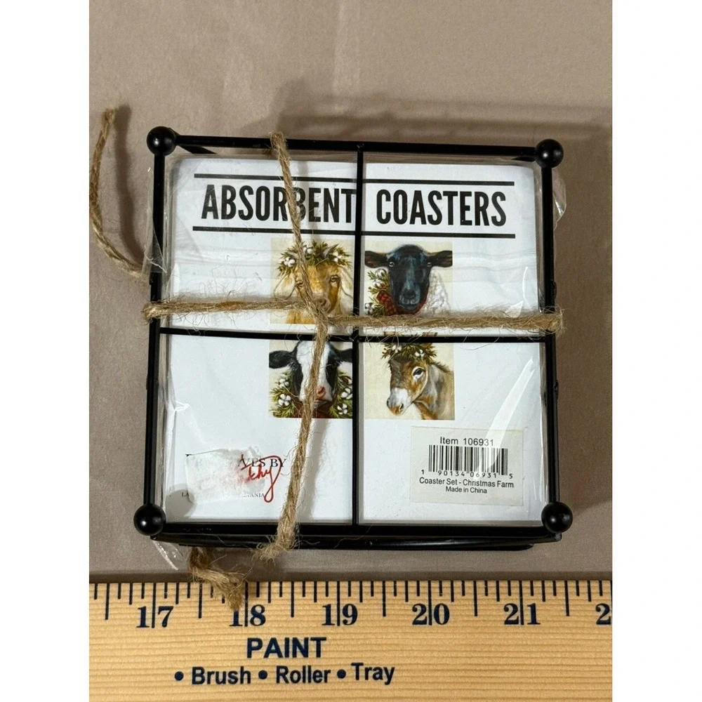 New Absorbent Farm Animal Stone Coaster‎ Set Of 4 With Holder